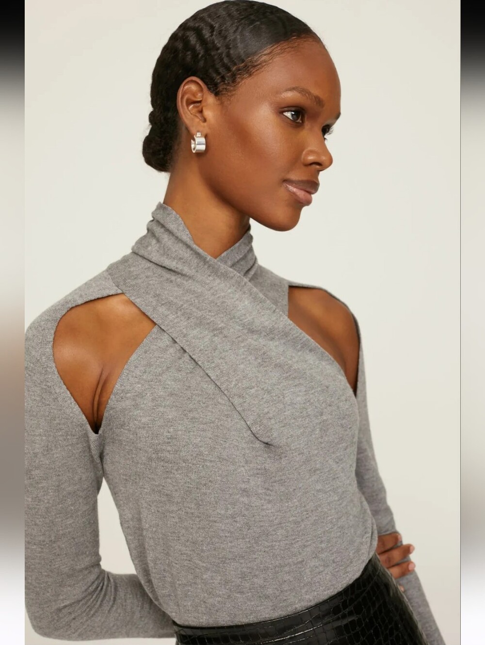 Donna Karan Gray Halter Long Sleeve Statement Sweater Top Size S
